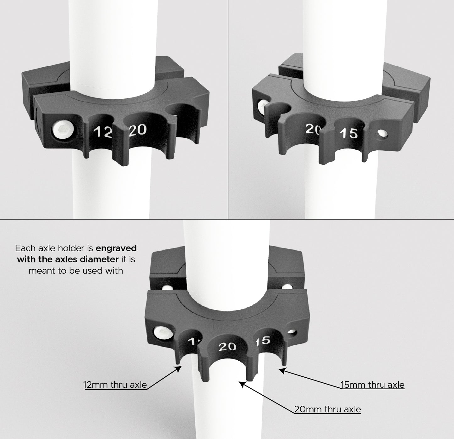 Our 3D printed Axle Holder has clear identifications to facilite its use in your workshop.