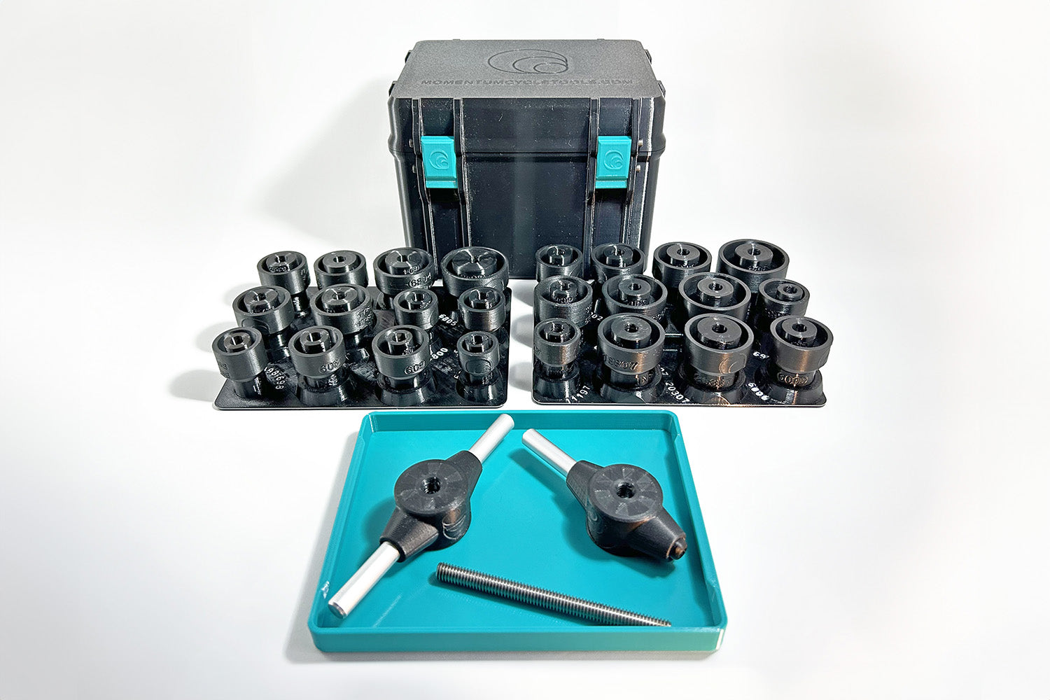 Our high impact resistance and quality 3D printed MTB Bearing Press Kits are now available with an optional Teal Is Real Toolbox Case!