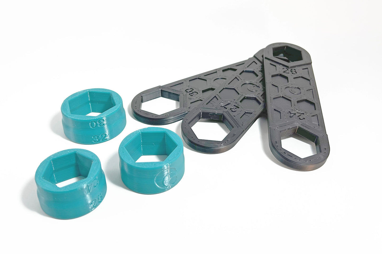 Our 3D printed Flat Spanner and Hand Socket Tools are available in our Teal Is Real color option.