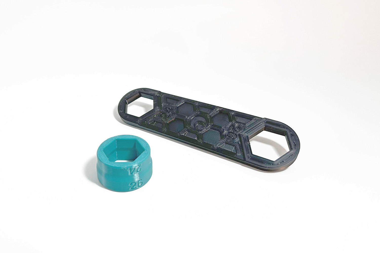 Our 3D printed Flat Spanner and Hand Socket Tools are available in our Teal Is Real color option.