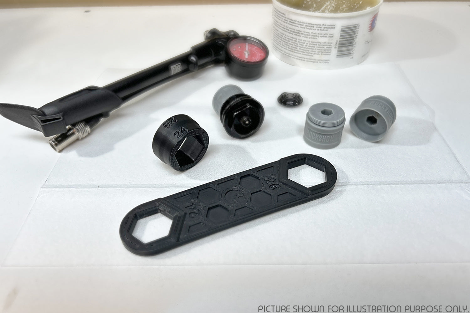 Our 3D printed MTB fork Flat Spanner and Hand Socket Tools being used to play with a MTB fork setup. Proudly made in Canada.