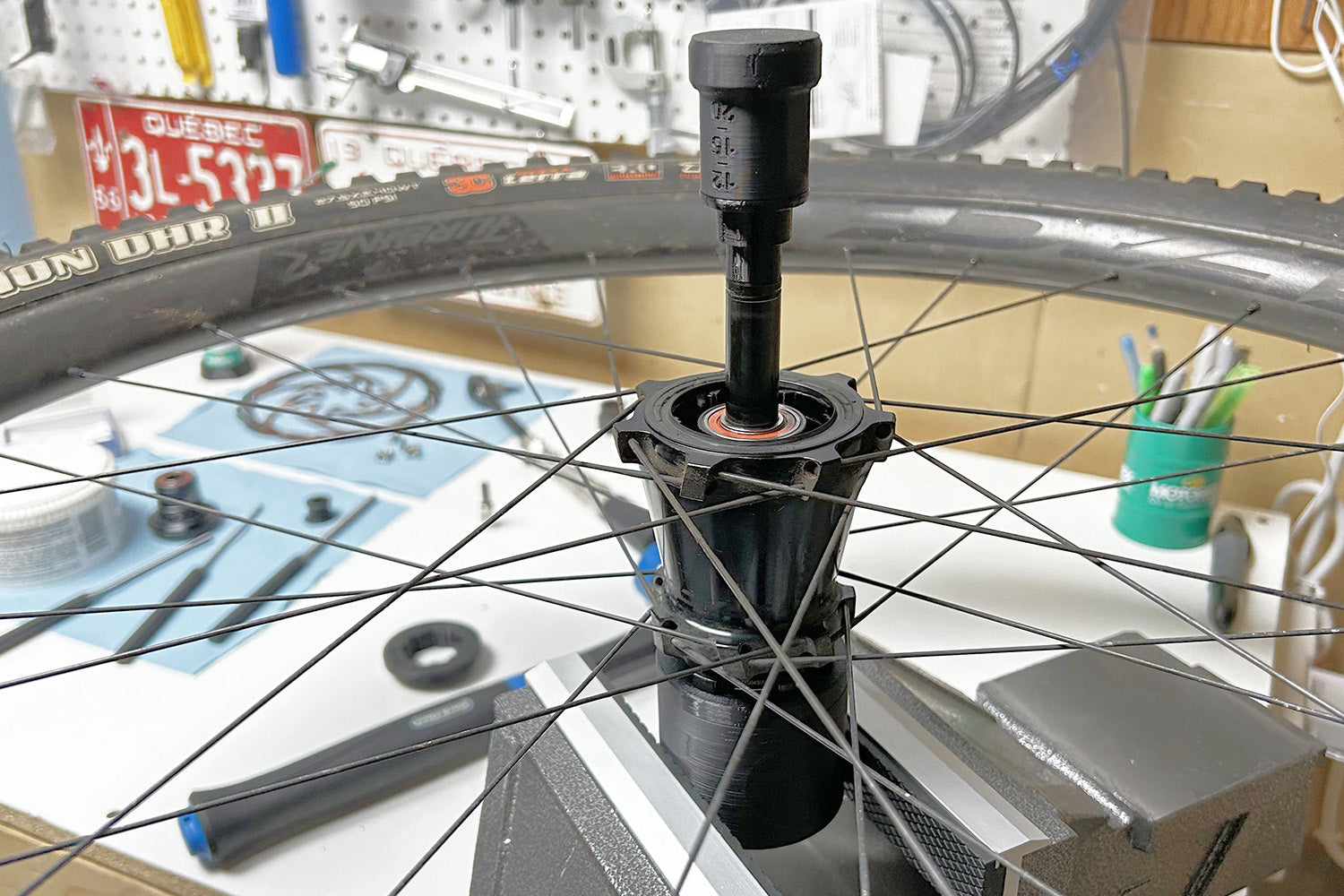 Rear wheel maintenance using our sturdy 3D printed Hub Support and Wheel Hub Axle Removal Tool.