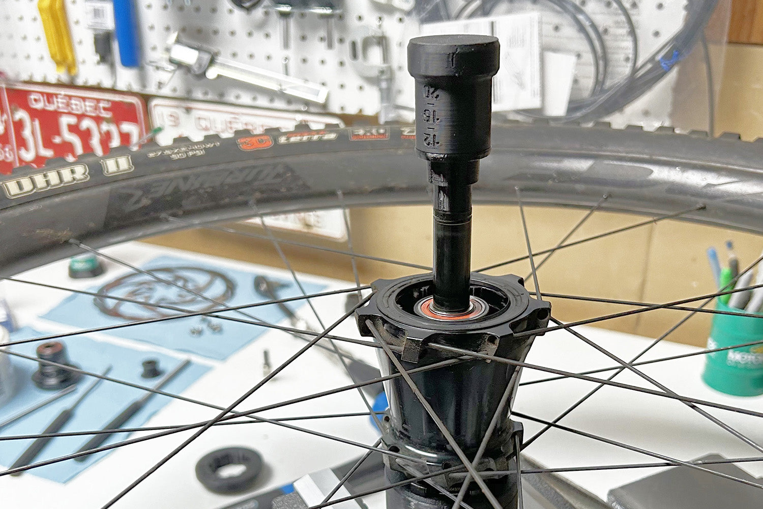 Rear wheel hub maintenance preparation using our sturdy 3D printed Wheel Hub Axle Removal Tool.
