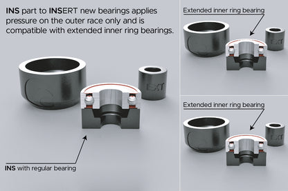 Bearing press kit is compatible with extended inner ring bearings
