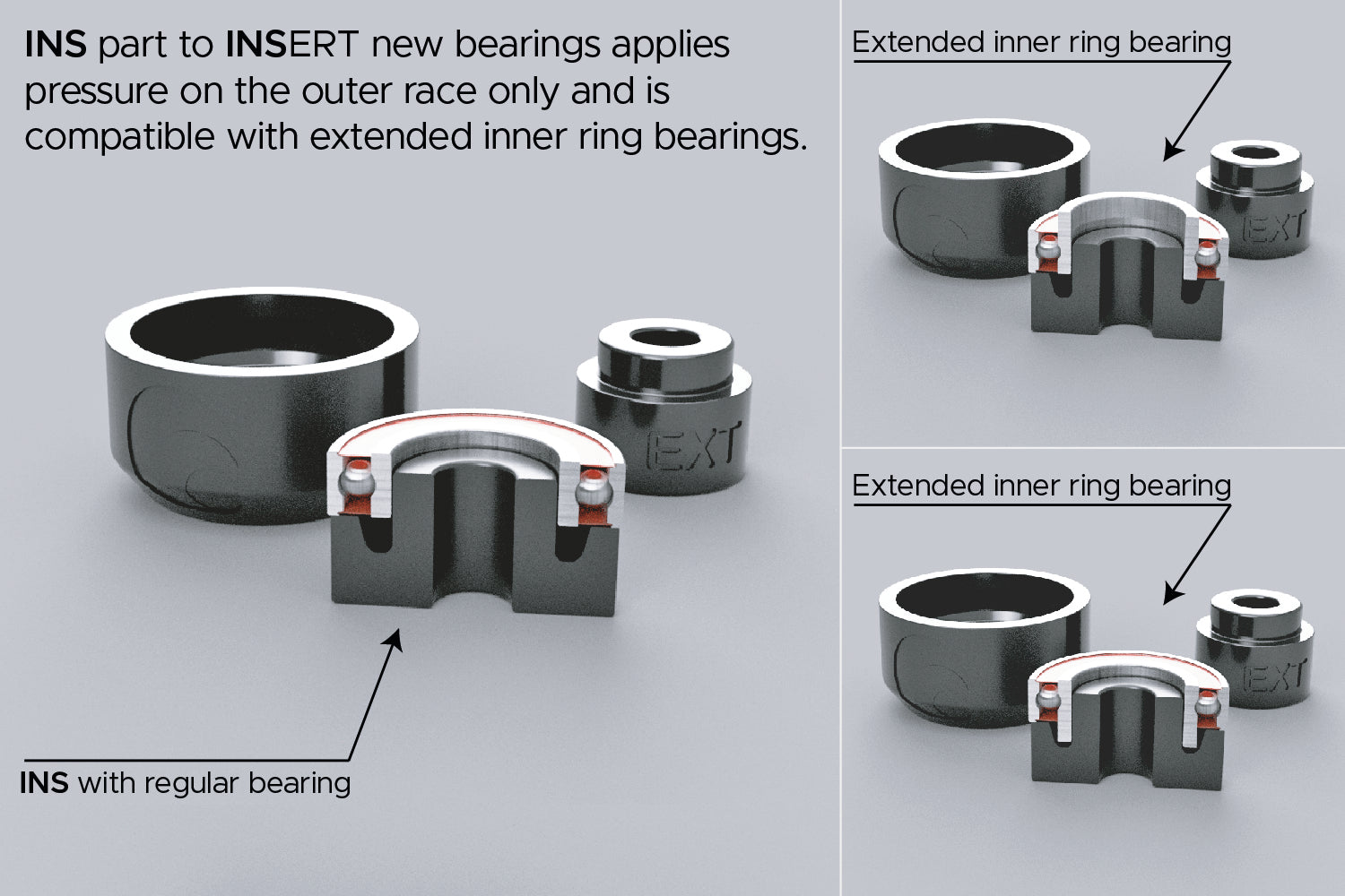 Bearing press kit is compatible with extended inner ring bearings